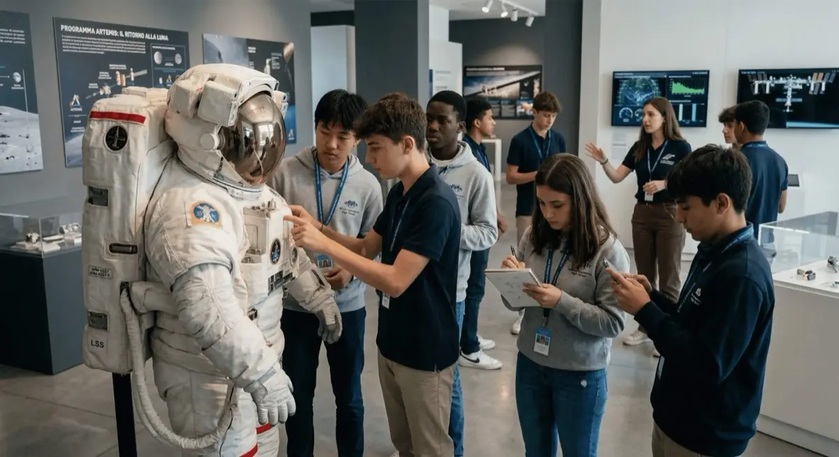 Estudantes em atividade prática com traje de astronauta durante o programa